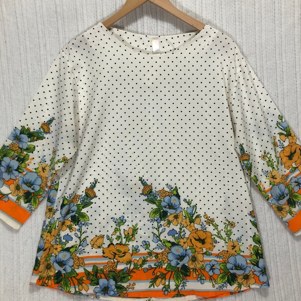 Floral Polka Dot Blouse 3/4 Sleeve‎ Orange Trim Top Bohemian Chic Size Large